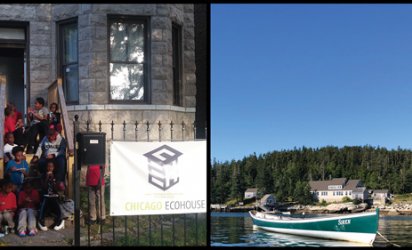 Photo of Chicago Eco House students sitting on front steps of the Chicago Eco House, with a fence and sign in the foreground. This photo is shown side by side with a photo of the Hurricane Island Center for Science and Leadership. The second photo shows the centere in the lower third surrounded by trees in the background and waterin the foreground. A blow sky dominates the upper two-thirds of the photo.