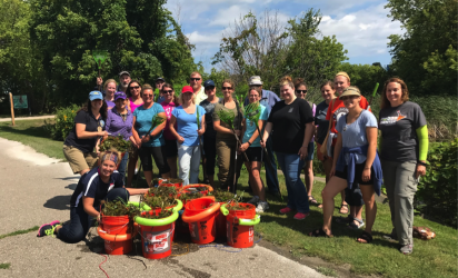 A group of Michigan educators pose curbside on a slope of green grass, with trees, bushes, and other plants in teh background. The educators are smiling, holding rakes, and displaying ten orange buckets full of plant material.
