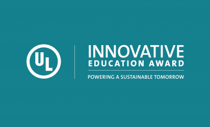 ULIEA Logo: UL logo. Beside it the words Innovative Education Award.  Below that is the tagline Powering a Sustainable Tomorrow. Text is all white on a teal backdrop.
